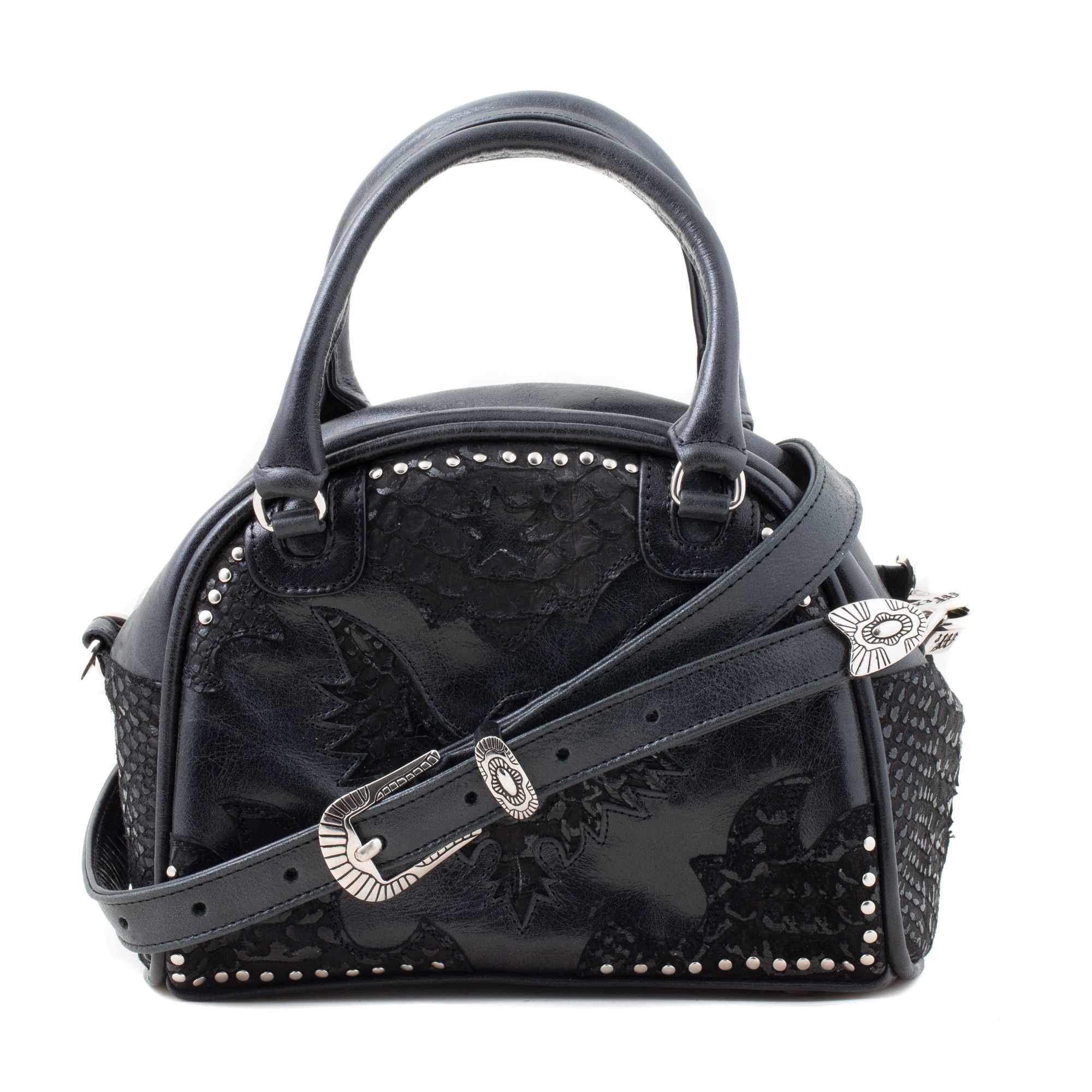 BOWLING BAG EAGLE BLACK EMBOSSED MINI BOWLING BAG WITH LEATHER INLAY AND STUDS    Mix color black / embossed snake  Cowhide leat