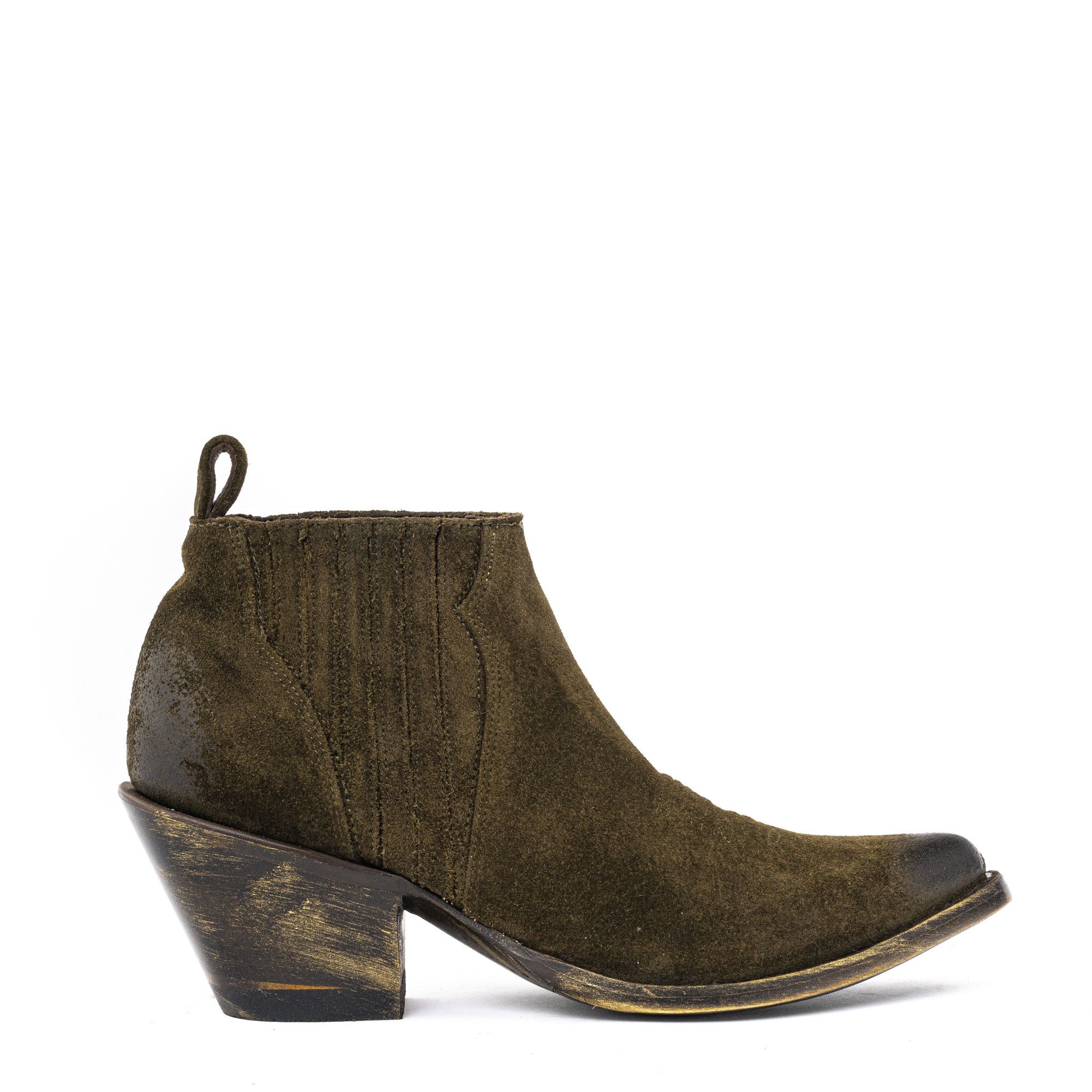 KRISTINNE DARK OLIVE SUEDE POINTED TOE ANKLE BOOTS WITH COWBOY STYLE STITCHING  AND ELASTICIZED SIDES PANEL  Total heel height 2