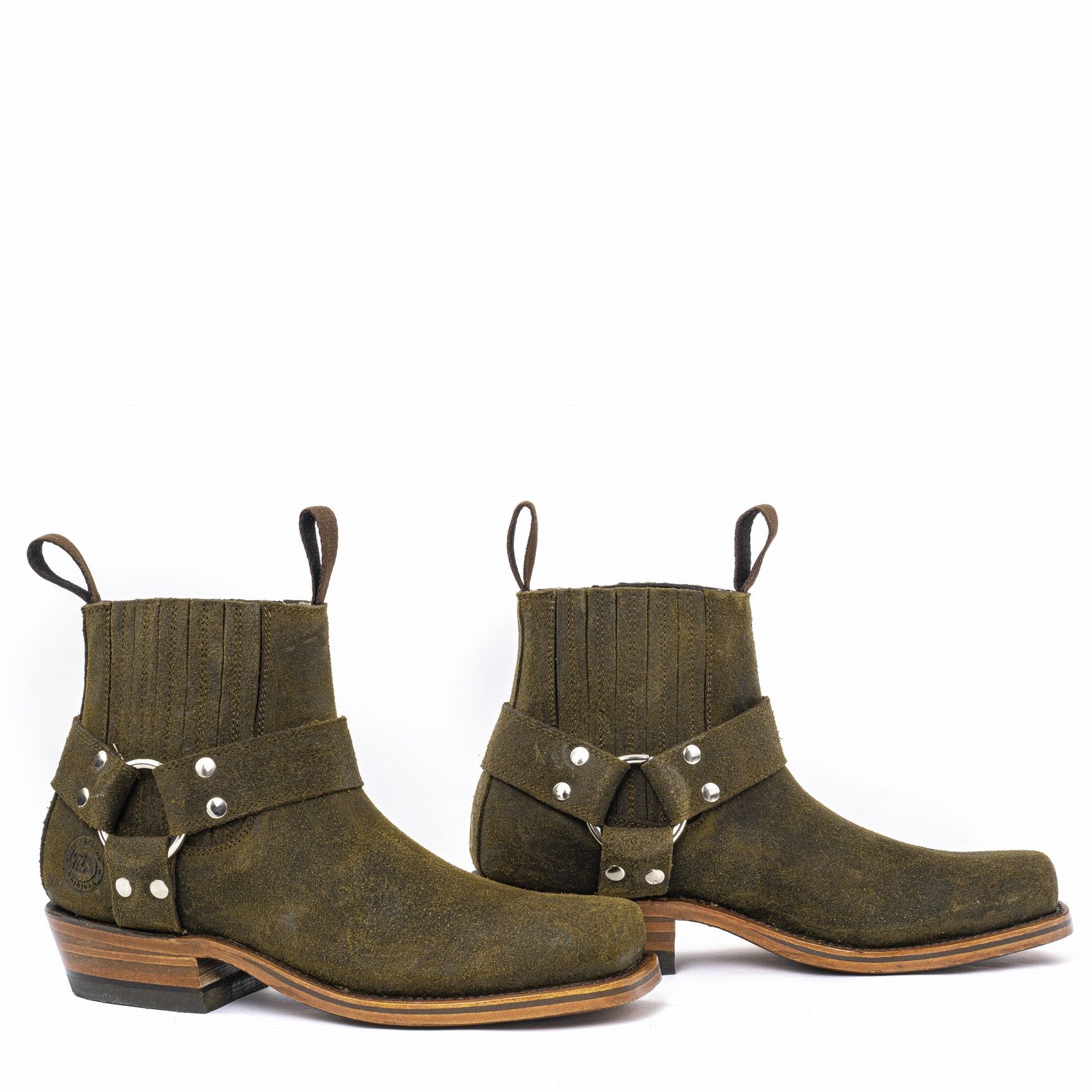 TOLTECA BOOTS DARK OLIVE THIS STYLE RUNS SMALL, ORDER 1 SIZE UP THAN YOUR USUAL SIZE        SQUARE TOE BOOTIES WITH LEATHER STRA