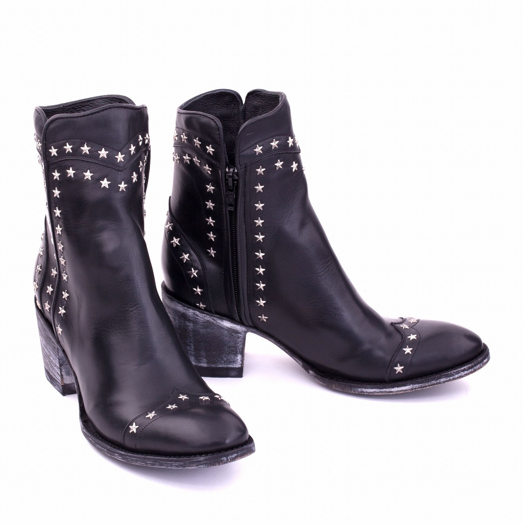 CRITHIER STAR BLACK RANCHERO ROUNDED ANKLE BOOTS WITH STUDS AND  SIDE ZIP CLOSURE  Total heel height 2.6 Inches  100% cow leathe