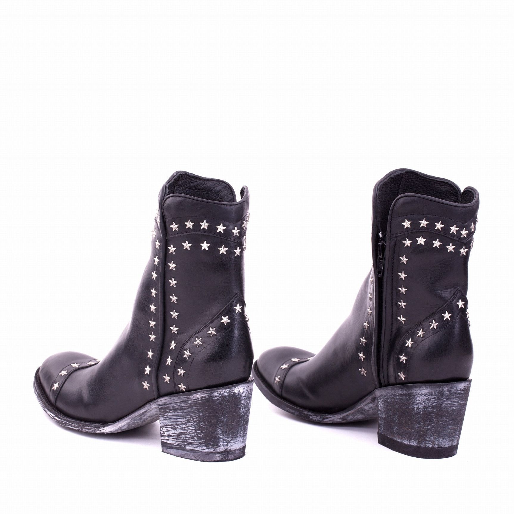 CRITHIER STAR BLACK RANCHERO ROUNDED ANKLE BOOTS WITH STUDS AND  SIDE ZIP CLOSURE  Total heel height 2.6 Inches  100% cow leathe