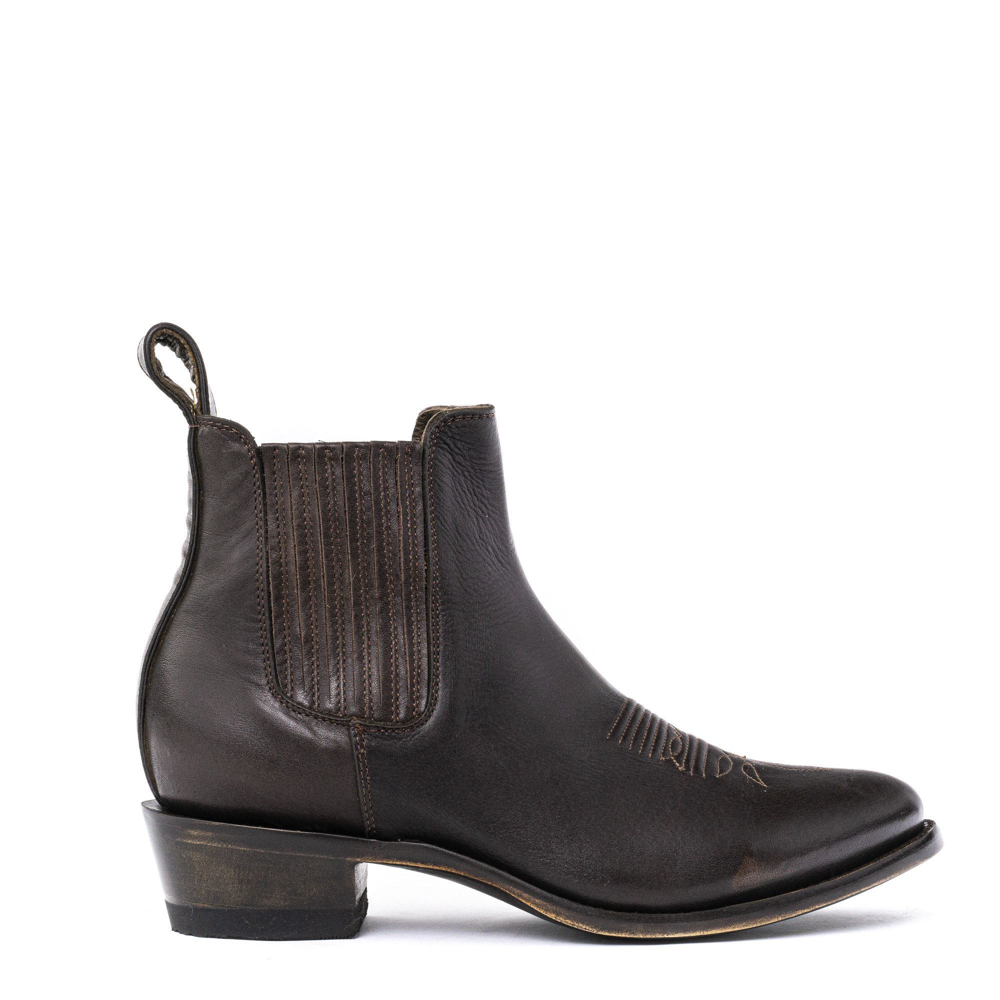 ESTUDIO BIS CHOCO RANCHEIRO ROUNDED TOE ANKLE BOOTS WITH COWBOY      STYLE STITCHING AND ELASTICIZED SIDES PANEL     Total heel 