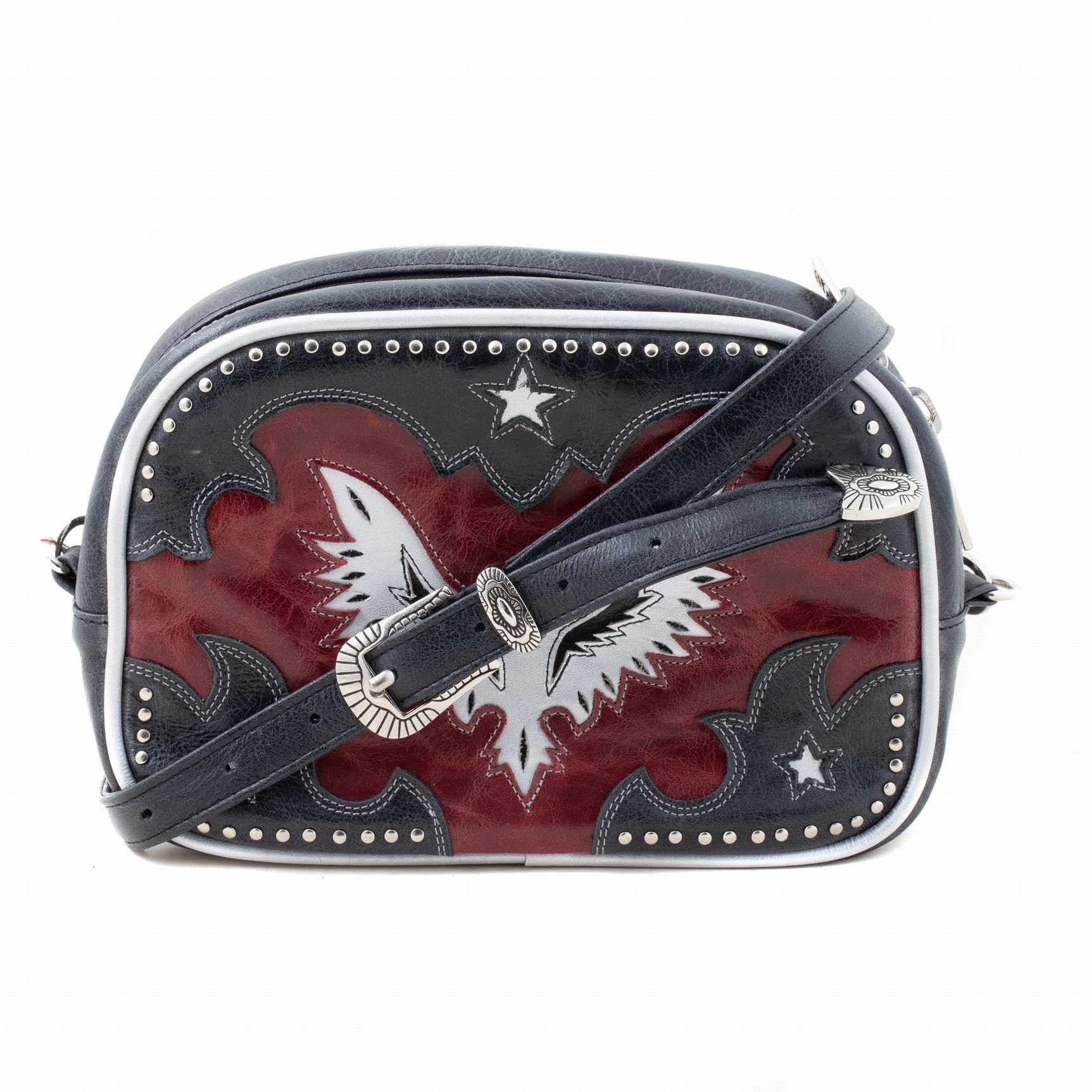 MINIBAG EAGLE RED BLACK SILVER MINI BAG WITH LEATHER INLAY AND STUDS  Mix color red / black / silver  Cowhide leather  Leather l