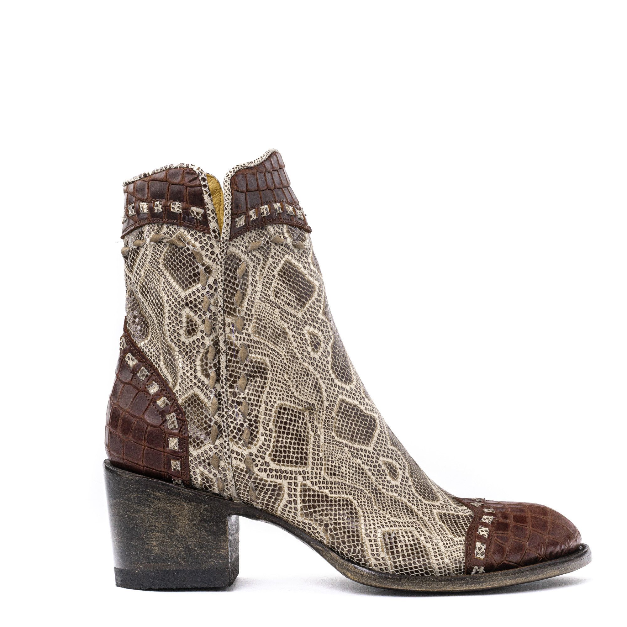 CRITHIER SNAKE FOSSIL ROUNDED ANKLE BOOTS WITH BRAID AND CUTOUTS,  SIDE ZIP CLOSURE  Total heel height 2.6 Inches  100% cow leat