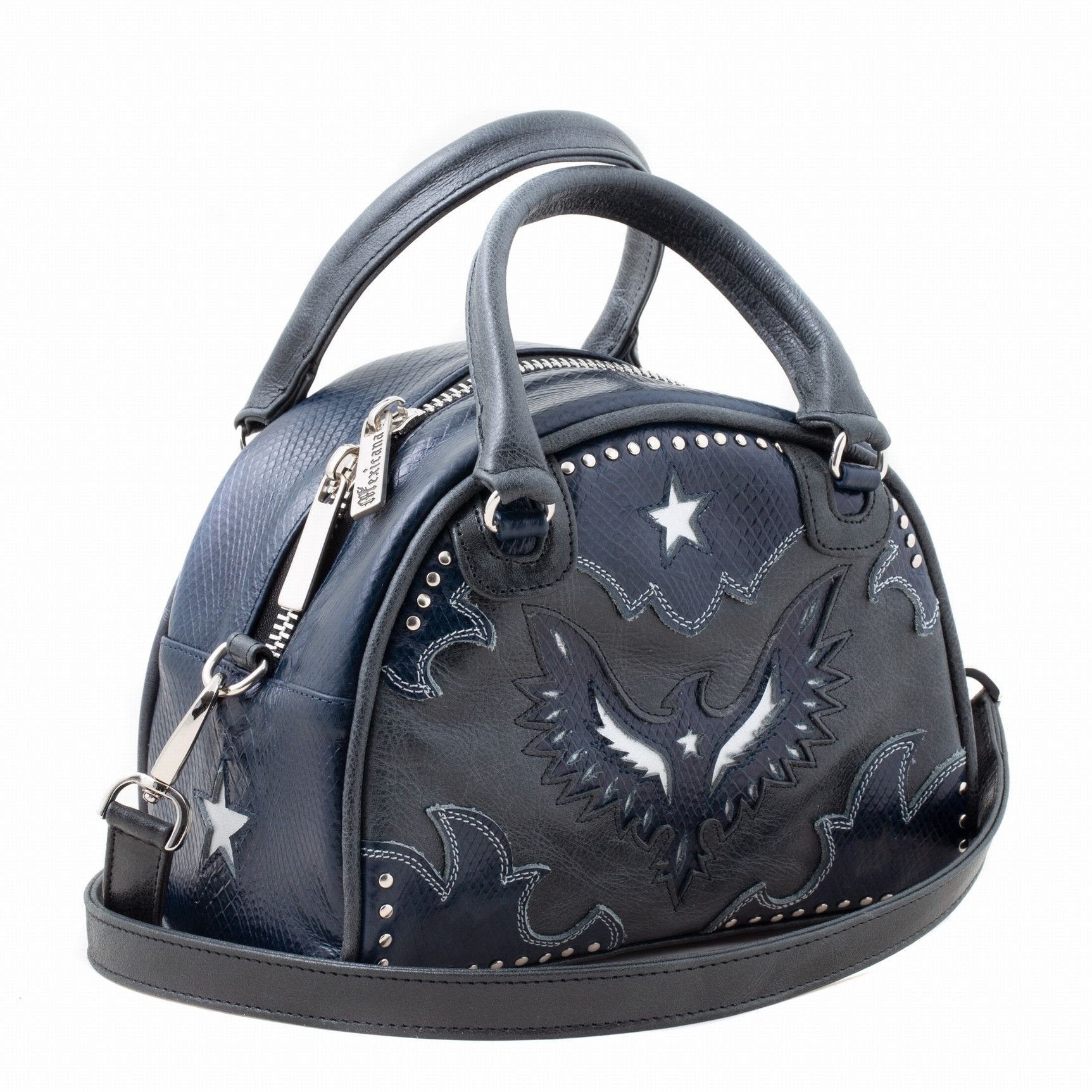 BOWLING BAG BLACK BLUE WHITE MINI BOWLING BAG WITH LEATHER INLAY AND STUDS  Mix color black / blue / white  Cowhide leather  Lea