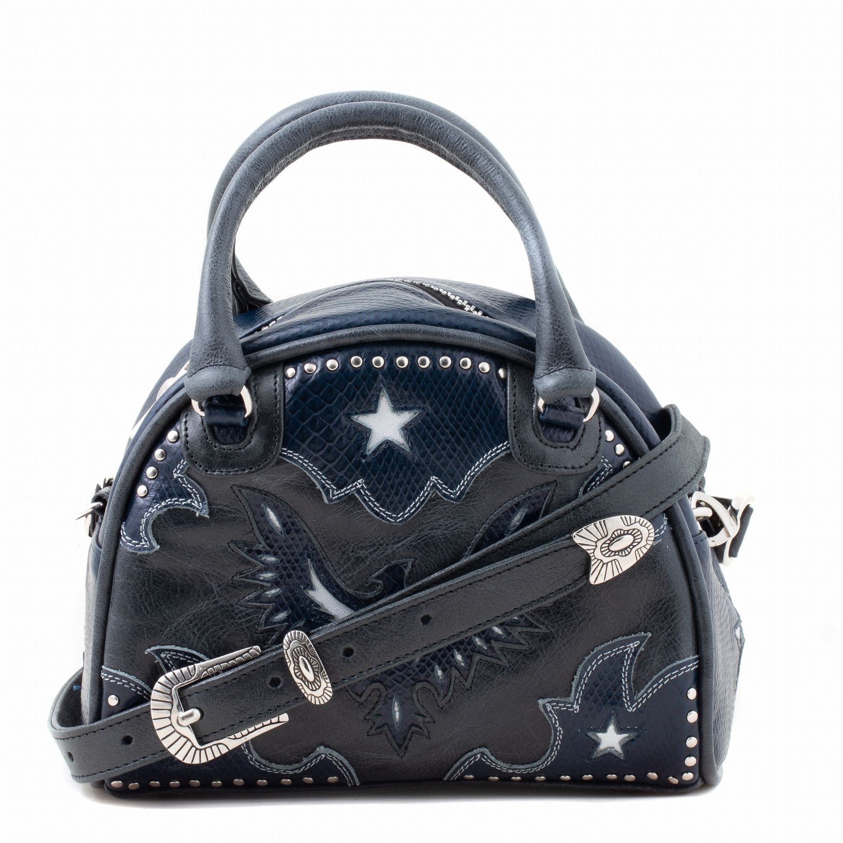 BOWLING BAG BLACK BLUE WHITE MINI BOWLING BAG WITH LEATHER INLAY AND STUDS  Mix color black / blue / white  Cowhide leather  Lea