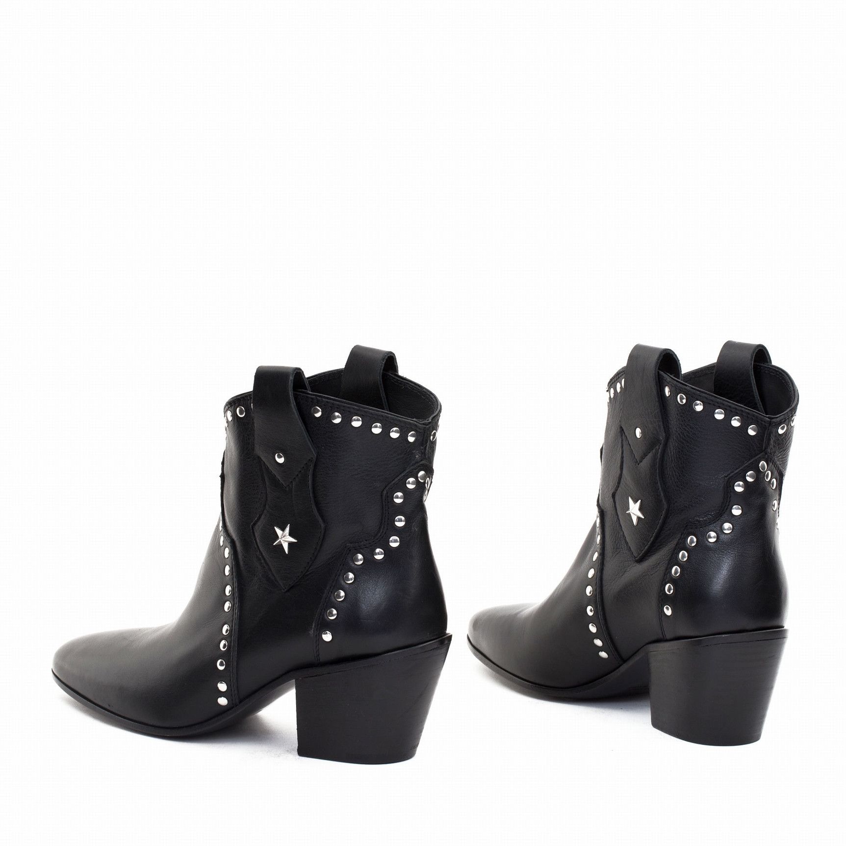 YAMA BUFFALO BLACK SQUARED TOE ANKLE BOOTS   WITH STUDS   Total heel height 2.8 Inches  Color black  Leather sole  Leather heel 