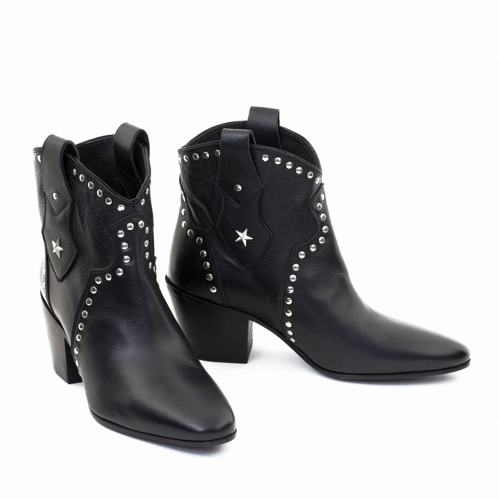 YAMA BUFFALO BLACK SQUARED TOE ANKLE BOOTS   WITH STUDS   Total heel height 2.8 Inches  Color black  Leather sole  Leather heel 