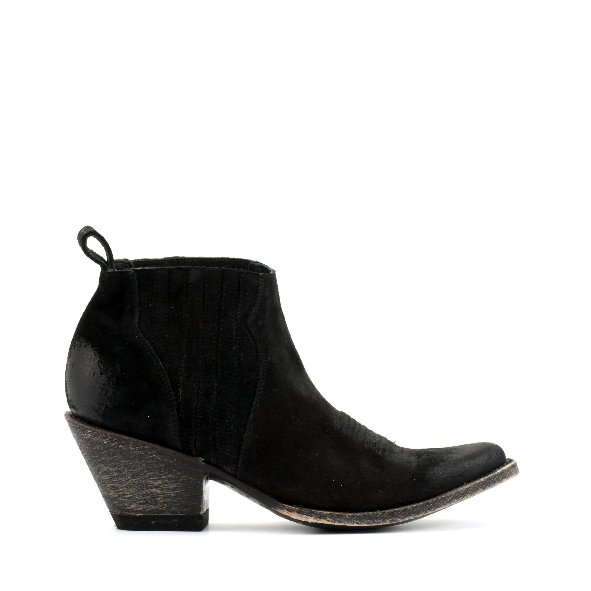 KRISTINNE BLACK TEA SUEDE POINTED TOE ANKLE BOOTS WITH COWBOY STYLE  STITCHING AND ELASTICIZED SIDES PANEL   Total heel height 2