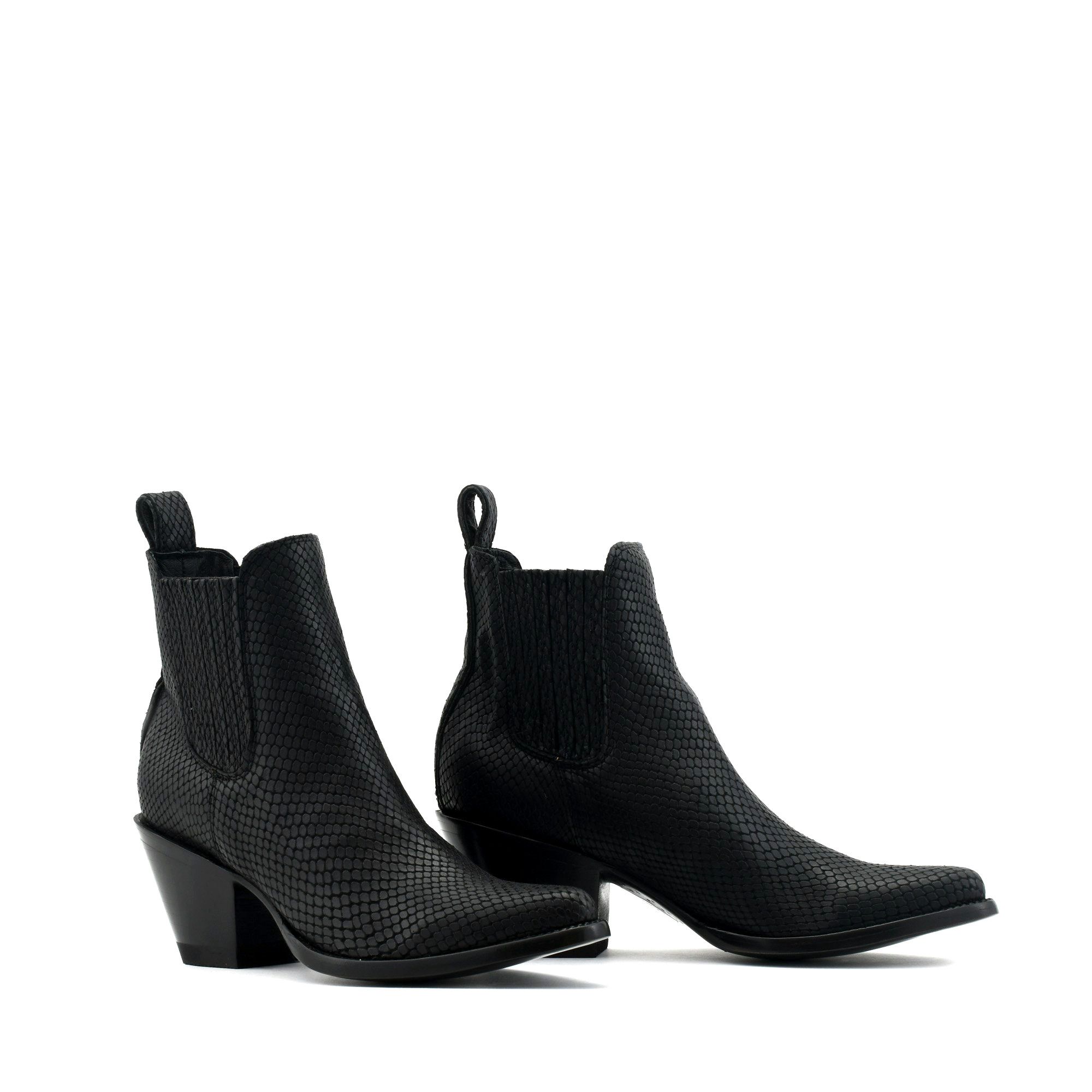 ESTUDIO BLACK SNAKE POINTED TOE ANKLE BOOTS, LEATHER EMBOSSED SNAKE    ELASTICIZED SIDES COVERED   Total heel height 2.6 Inches 