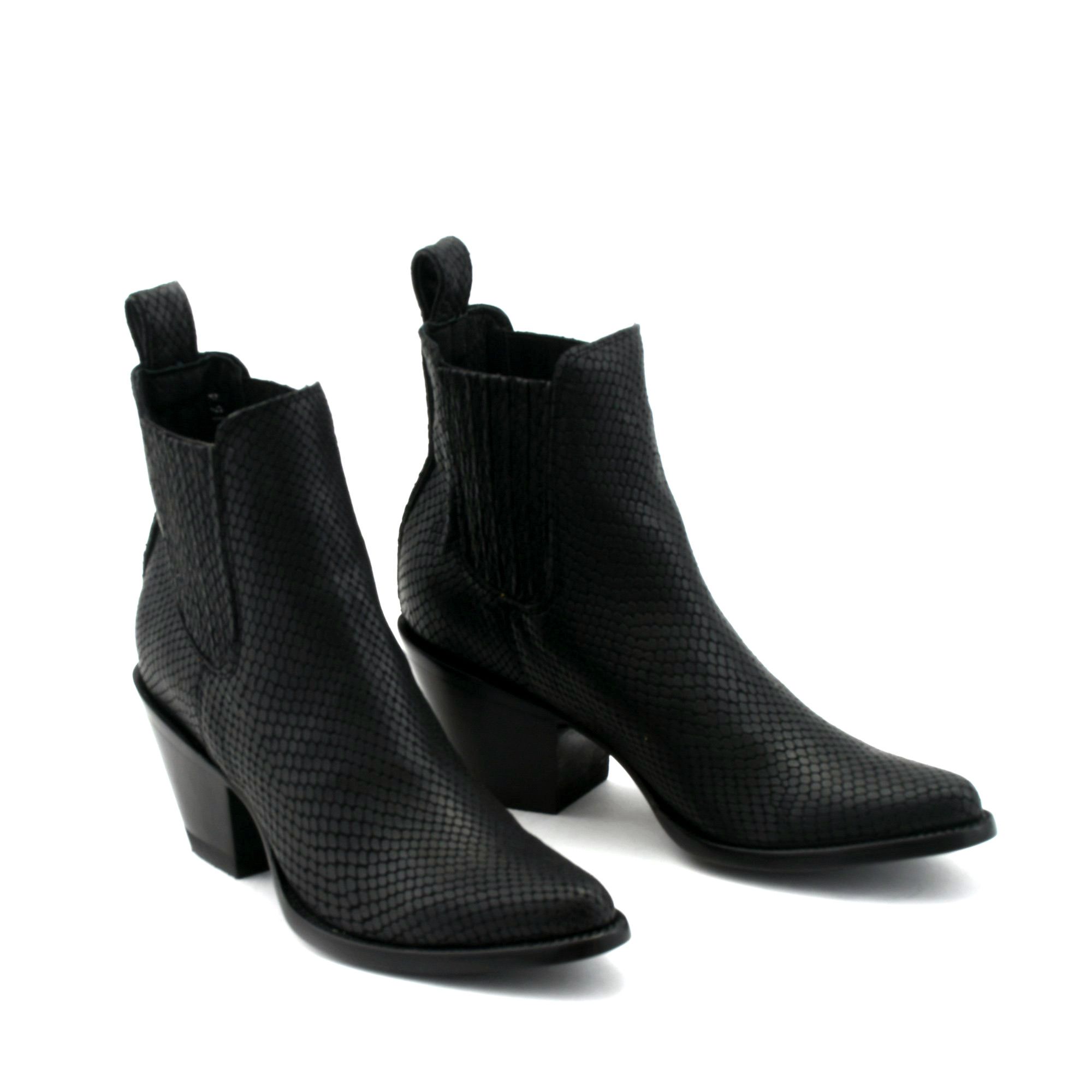 ESTUDIO BLACK SNAKE POINTED TOE ANKLE BOOTS, LEATHER EMBOSSED SNAKE    ELASTICIZED SIDES COVERED   Total heel height 2.6 Inches 