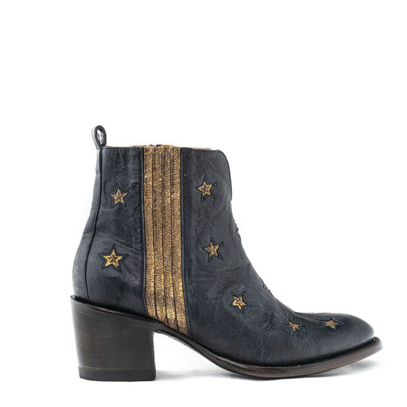 CHIQUI STAR BLUE GOLD ROUND TOE ANKLE BOOTS WITH STAR INLAY AND  ELASTICIZED SIDES COVERED WITH GOLDLEATHER  100% cow leather  T