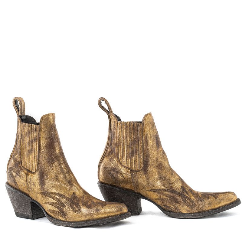 GAUCHO LONG STITCH GOLD USED POINTED TOE ANKLE BOOTS WITH TOPSTITCHES WITH LEATHER COVERED SIDE ELASTIC    Distressed gold    To