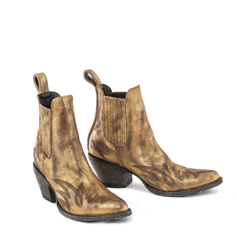 GAUCHO LONG STITCH GOLD USED POINTED TOE ANKLE BOOTS WITH TOPSTITCHES WITH LEATHER COVERED SIDE ELASTIC    Distressed gold    To