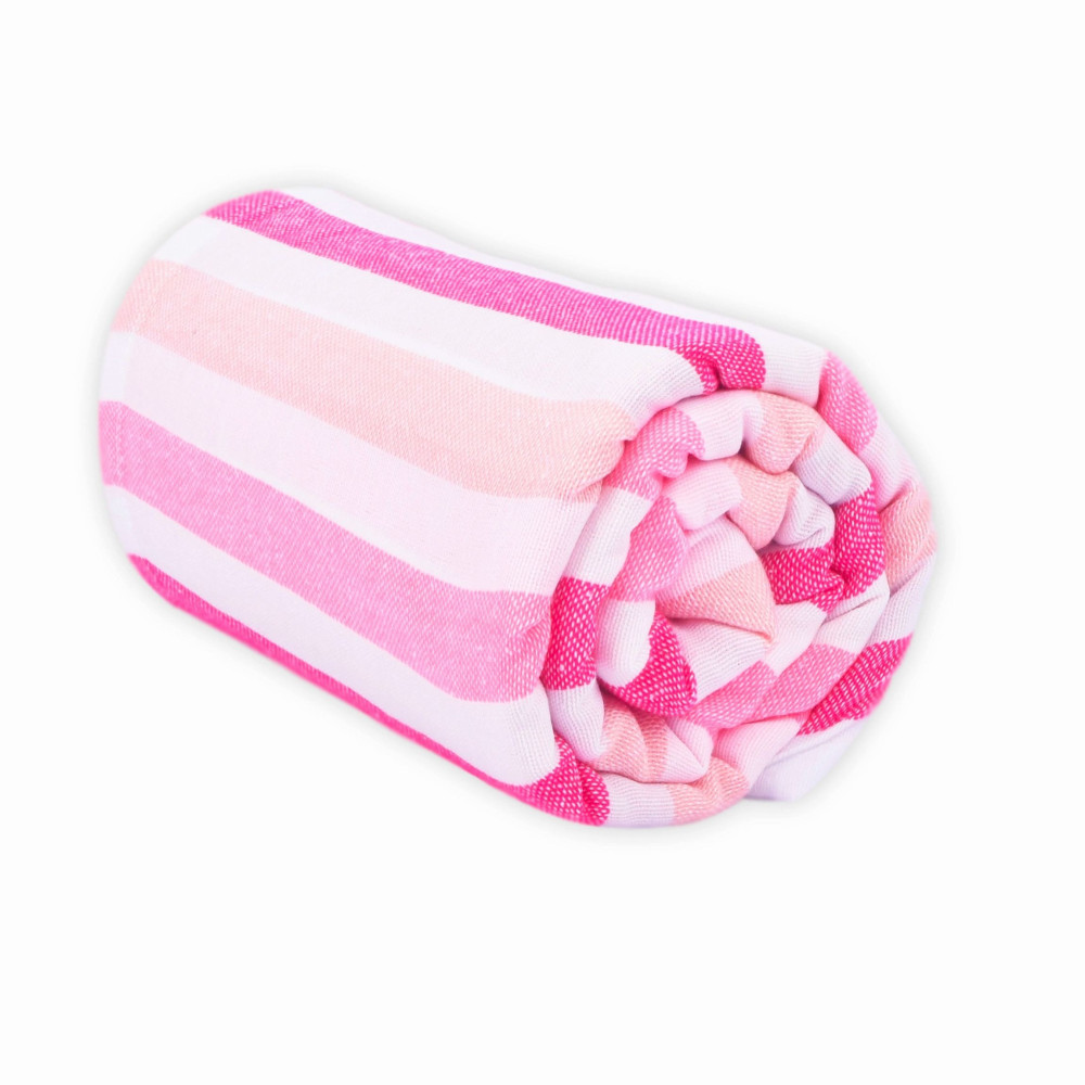 LA ROSA Cette jolie couverture de plage légère est tissée au Mexique, en utilisant du coton recyclé et en s'inspirant des tissus