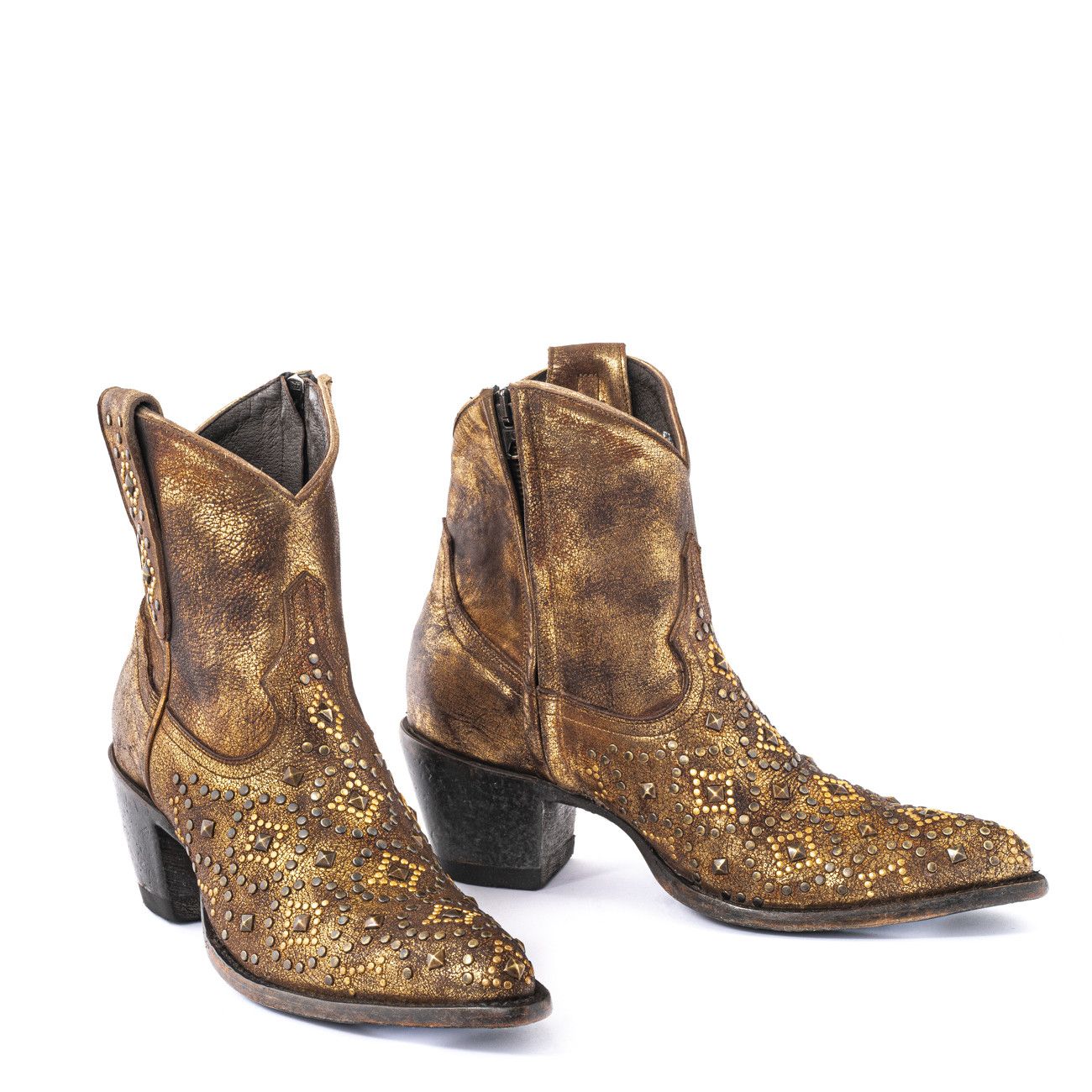 ELECTRA GOLD USED COGNAC POINTED TOE ANKLE BOOTS WITH    STUDS AND SIDE ZIP CLOSURE    Total heel height 2.6 Inches    100% cow 