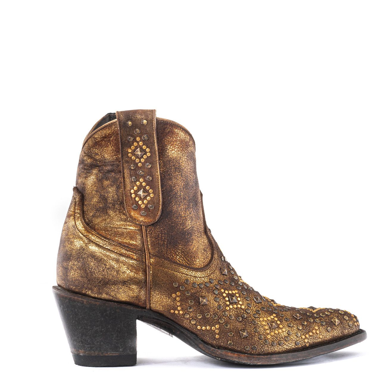 ELECTRA GOLD USED COGNAC POINTED TOE ANKLE BOOTS WITH    STUDS AND SIDE ZIP CLOSURE    Total heel height 2.6 Inches    100% cow 