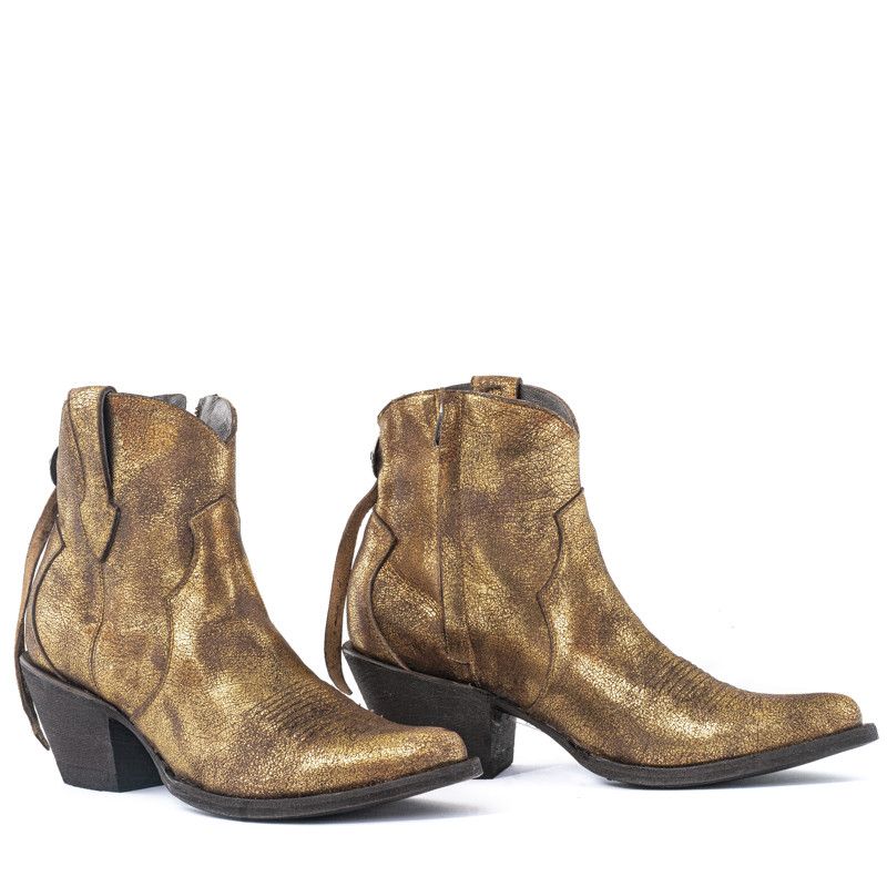 LA CONCHA GOLD USED POINTED TOE ANKLE BOOTS WITH STITCHING    AND CONCHOS. SIDE ZIP CLOSURE    Total heel height 2.6 Inches    1