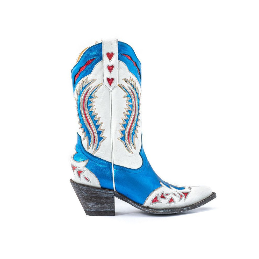 DRAGON LOVE BLUE WHITE RED POINTED TOE BOOTS WITH EAGLE AND
HEART OUTCUTS
Total heel height 2.6 Inches
100% cow leather
Colo