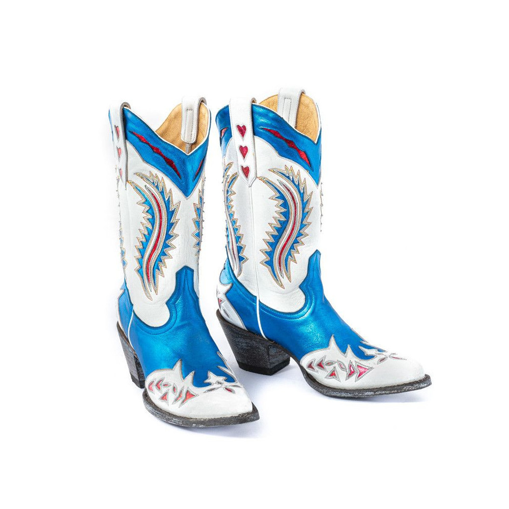 DRAGON LOVE BLUE WHITE RED BOTTES A BOUT POINTU AVEC DECOUPE AIGLE ET
COEUR
Hauteur totale du talon 6.5 cm
100% cuir de vache