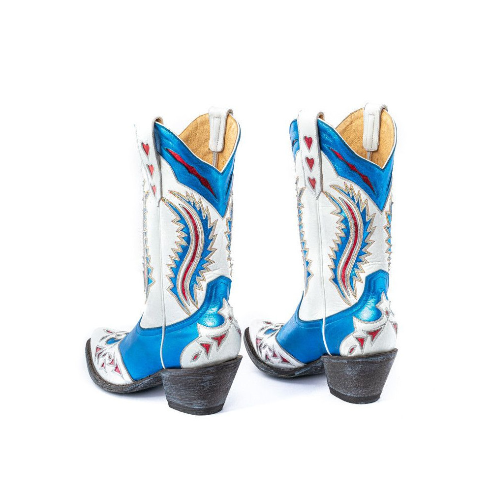DRAGON LOVE BLUE WHITE RED POINTED TOE BOOTS WITH EAGLE AND
HEART OUTCUTS
Total heel height 2.6 Inches
100% cow leather
Colo