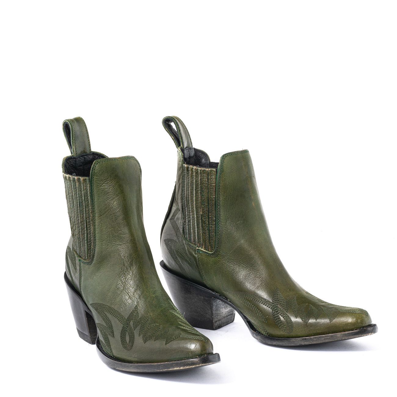 GAUCHO GREEN CYPRESS POINTED TOE ANKLE BOOTS FEATURING FLAMING  STITCHING, ELASTICIZED SIDES COVERED WITH LEATHER  Total heel he