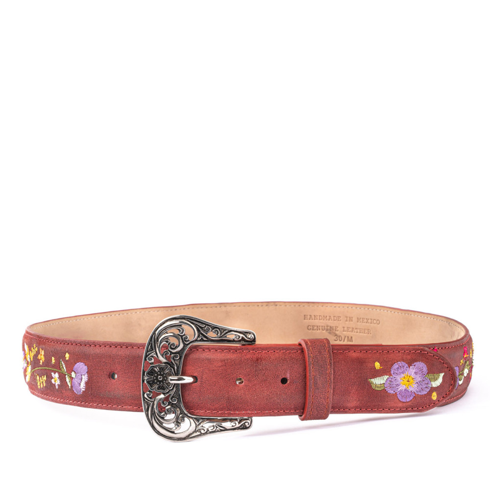 Ceinture broderie fleur en cuir rose, boucle interchangeable - Sora pink vesuvio