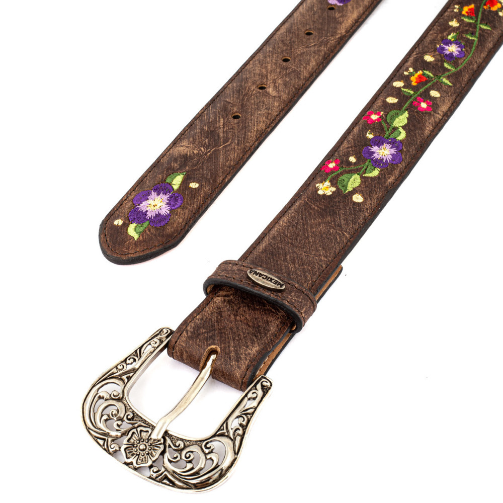 Ceinture cowboy en cuir marron avec broderie fleur et boucle interchangeable - Sora brass vesuvio