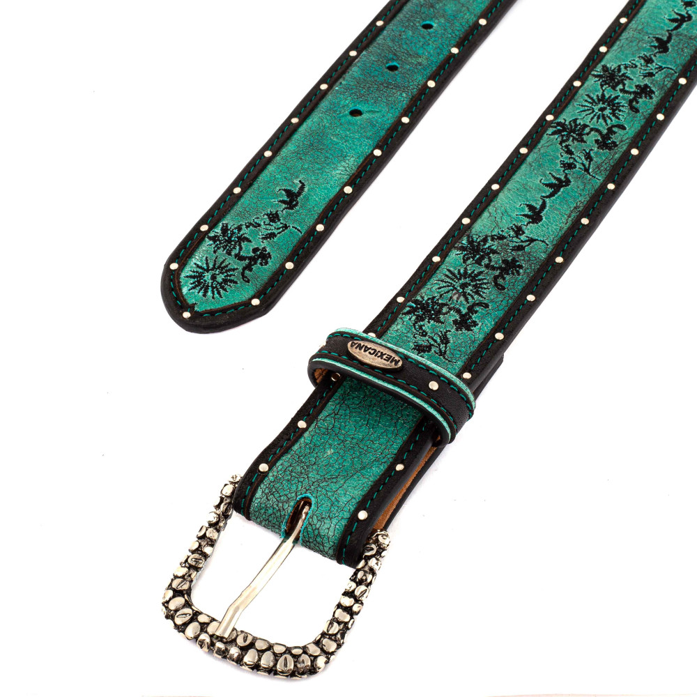 Ceinture cloutée et brodée en cuir turquoise, boucle interchangeable - Ultime sonora turquesa