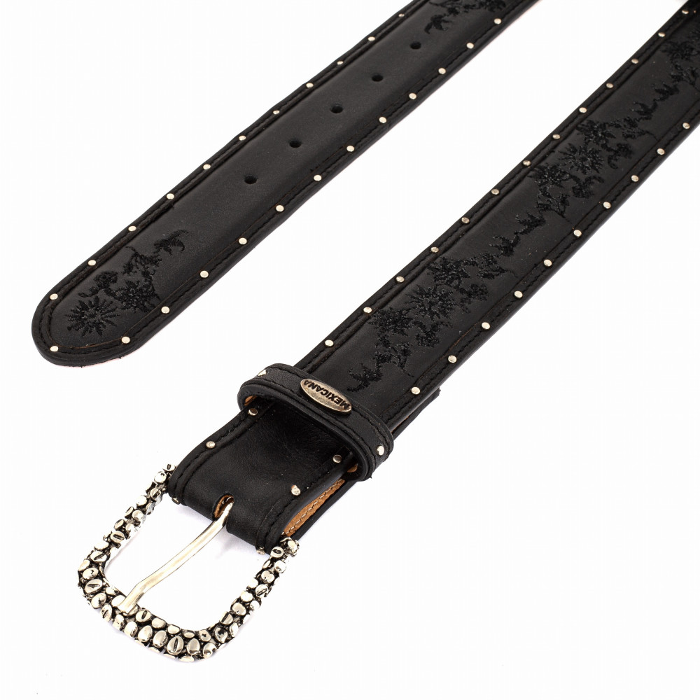 Ceinture cloutée et brodée en cuir noir, boucle interchangeable - Ultime black