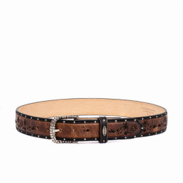 Ceinture cloutée et brodée en cuir marron, boucle interchangeable - Ultime nut