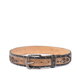 Ceinture cloutée et brodée en cuir beige, boucle interchangeable - Ultime bone