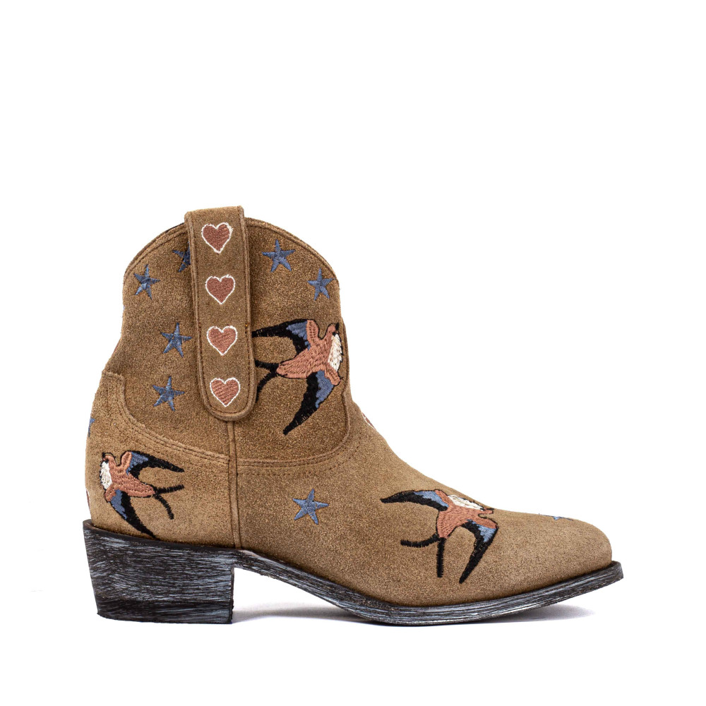 Boots western brodées en suede beige - Golondrina tan - Santiags femme