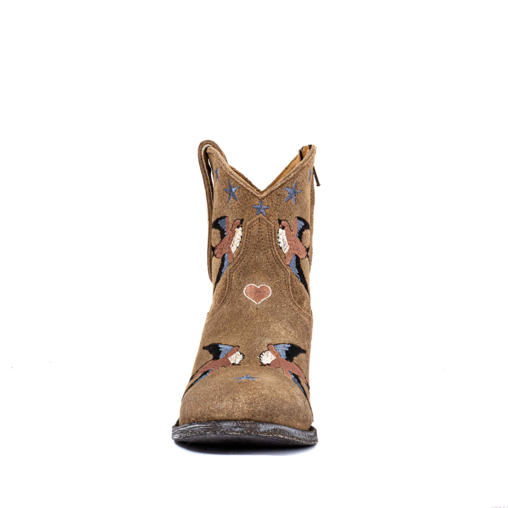 Boots western brodées en suede beige - Golondrina tan - Santiags femme