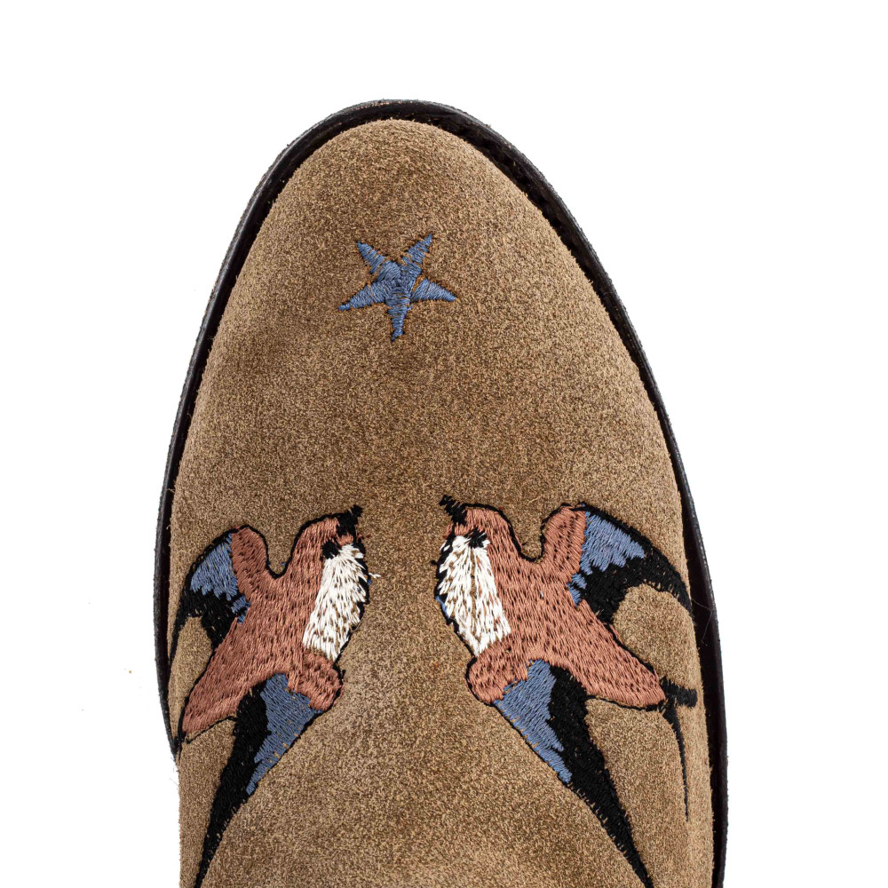 Boots western brodées en suede beige - Golondrina tan - Santiags femme