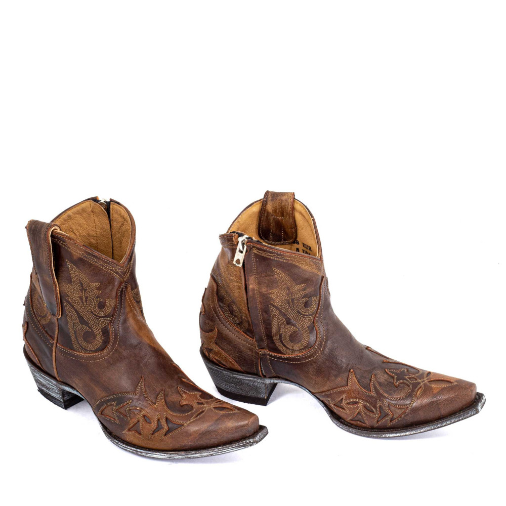 Low boots marron en cuir avec zip - Stitched ocre - Santiags femme