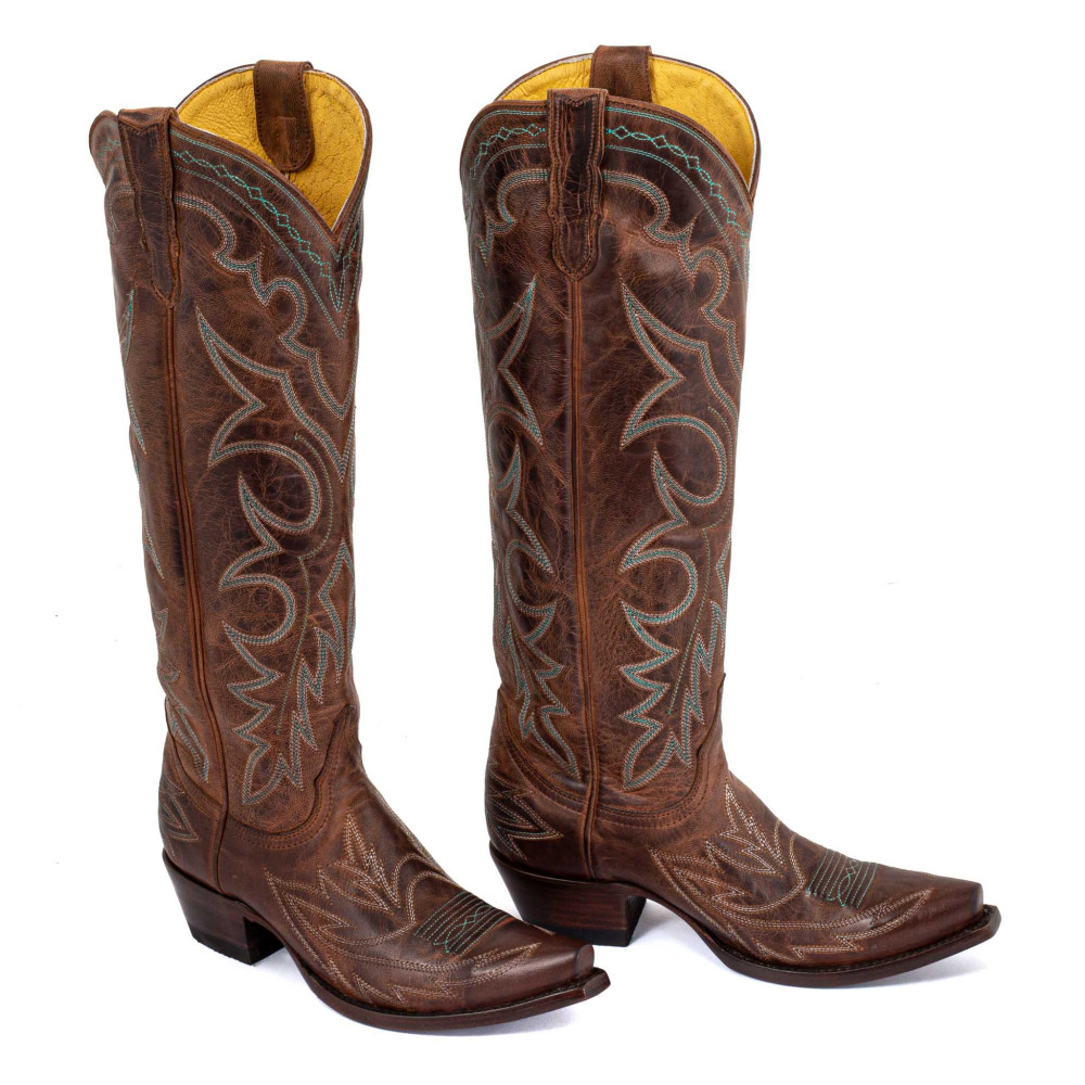 Bottes santiags en cuir marron vieillis, surpiqures multicolores - Fantasia rust - Santiags femme