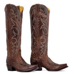 Bottes santiags en cuir marron vieillis, surpiqures multicolores - Fantasia rust - Santiags femme