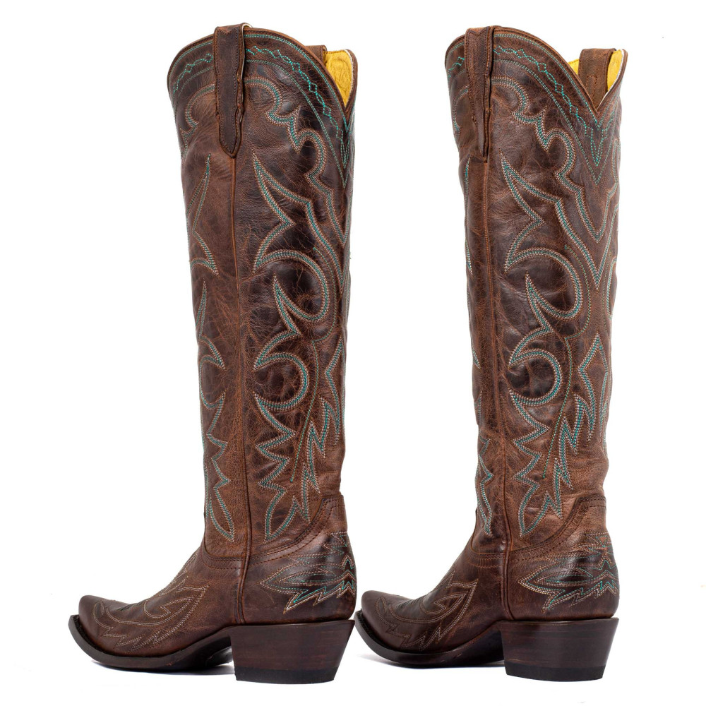 Bottes santiags en cuir marron vieillis, surpiqures multicolores - Fantasia rust - Santiags femme