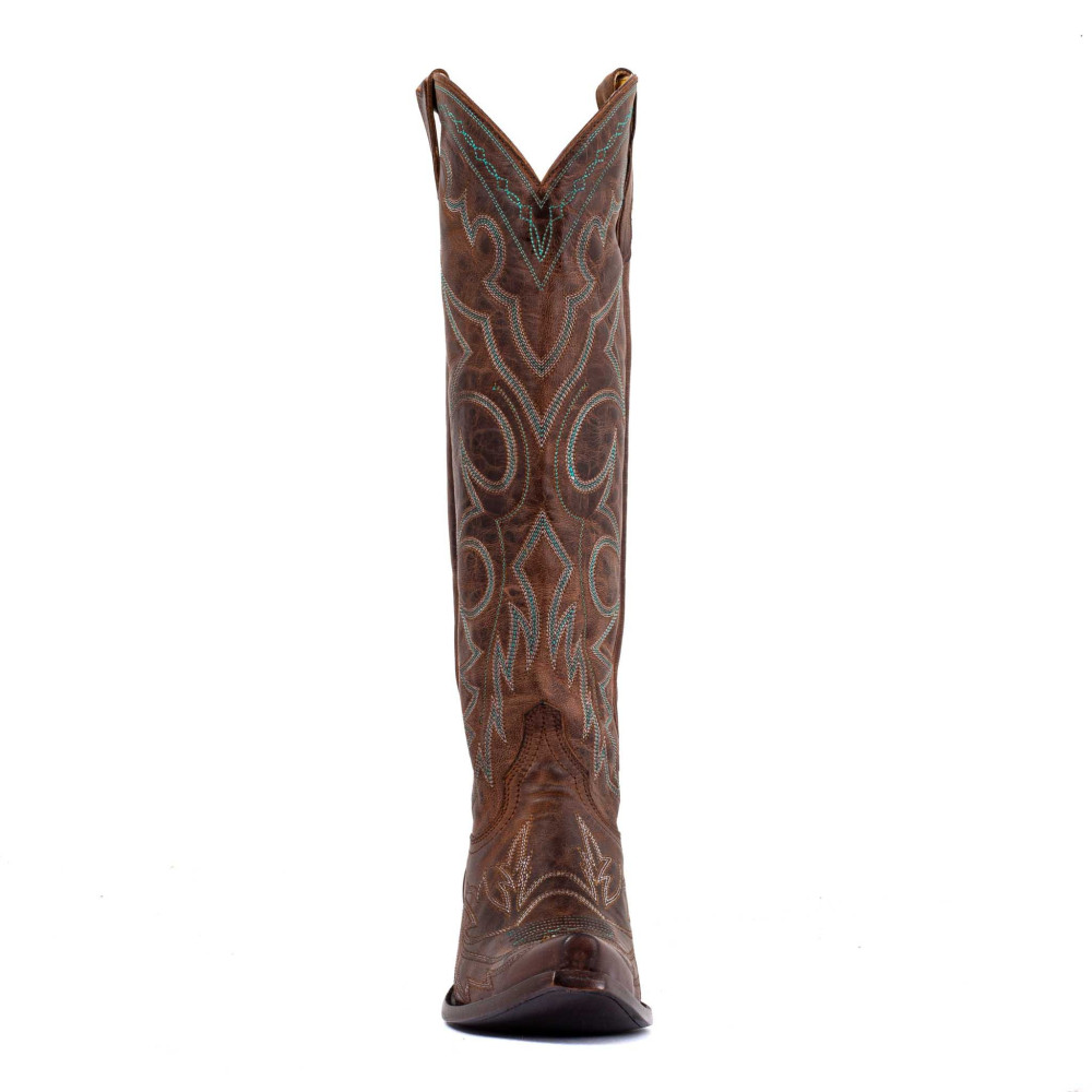 Bottes santiags en cuir marron vieillis, surpiqures multicolores - Fantasia rust - Santiags femme