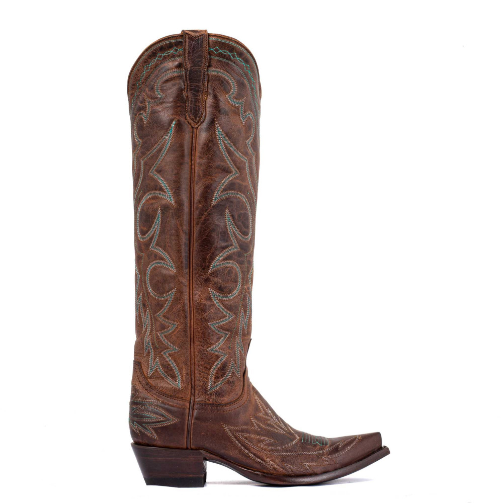 Bottes santiags en cuir marron vieillis, surpiqures multicolores - Fantasia rust - Santiags femme
