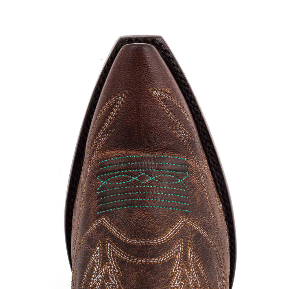 Bottes santiags en cuir marron vieillis, surpiqures multicolores - Fantasia rust - Santiags femme
