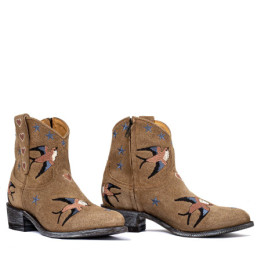 Boots western brodées en suede beige - Golondrina tan - Santiags femme