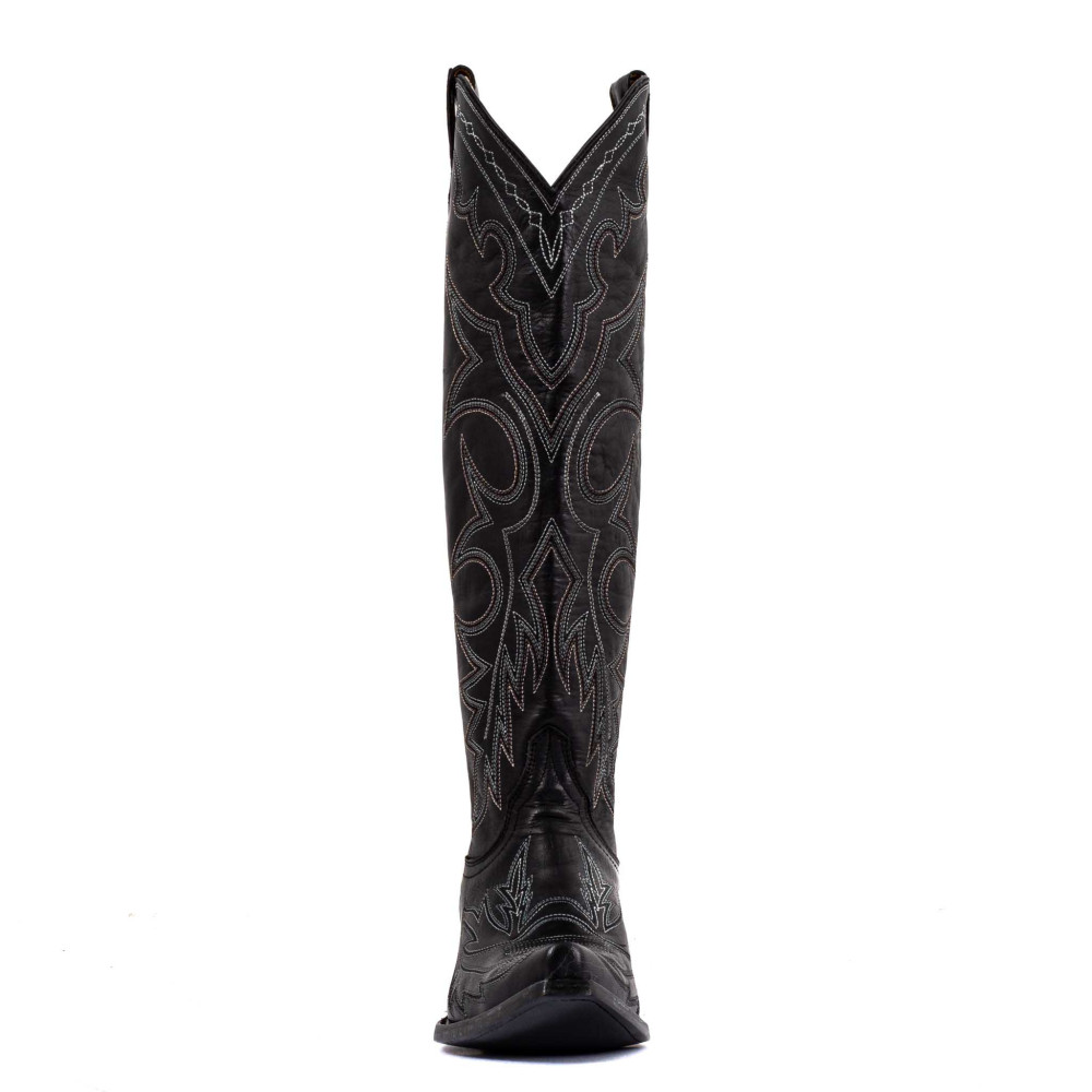 Bottes santiags en cuir noir lisse, surpiqures multicolores - Fantasia black - Santiags femme