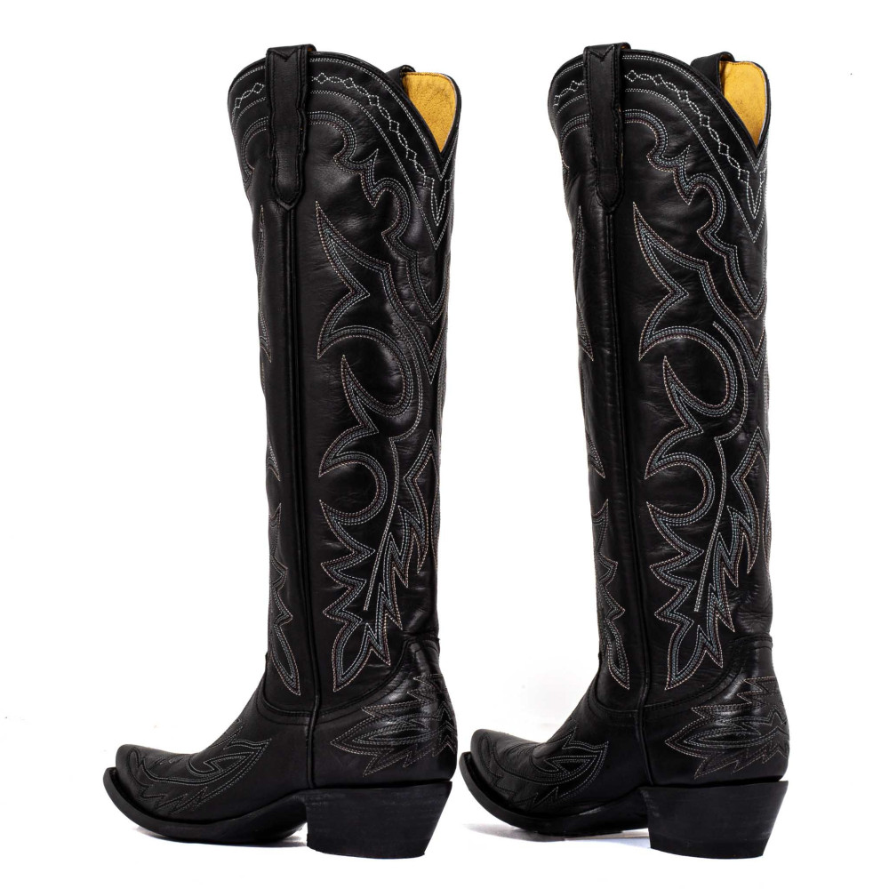 Bottes santiags en cuir noir lisse, surpiqures multicolores - Fantasia black - Santiags femme