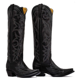 Bottes santiags en cuir noir lisse, surpiqures multicolores - Fantasia black - Santiags femme