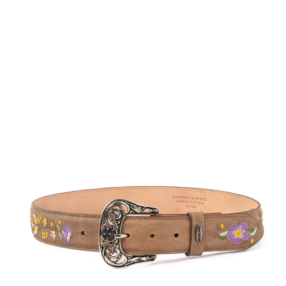 Ceinture cowboy en cuir sable avec broderie fleur et boucle interchangeable - Sora bone vesuvio
