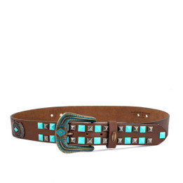 Ceinture en cuir Marron avec bijoux et boucle interchangeable - Mariposa brown Turquoise