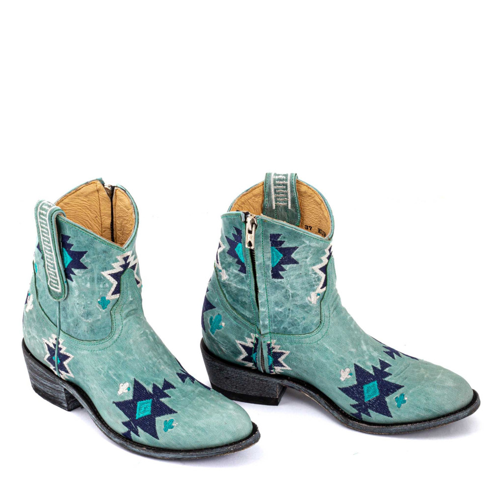 Boots western brodées en cuir bleu vieilli - Chill aqua - Santiags femme